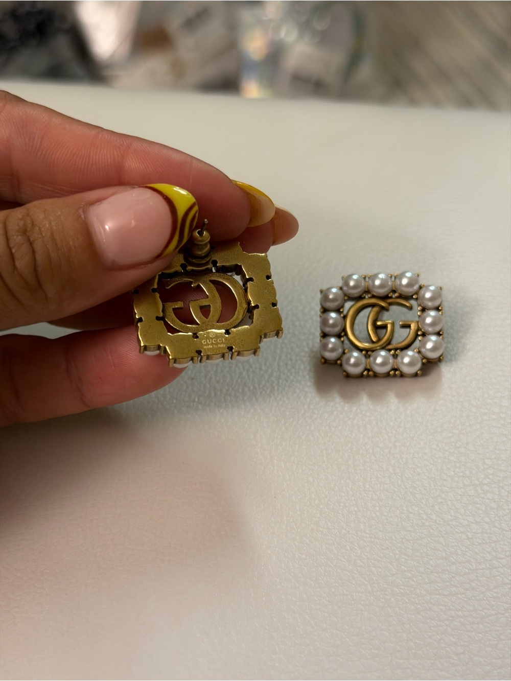 Gucci Gold GG Pearl Frame Earrings - Picture 5 of 10
